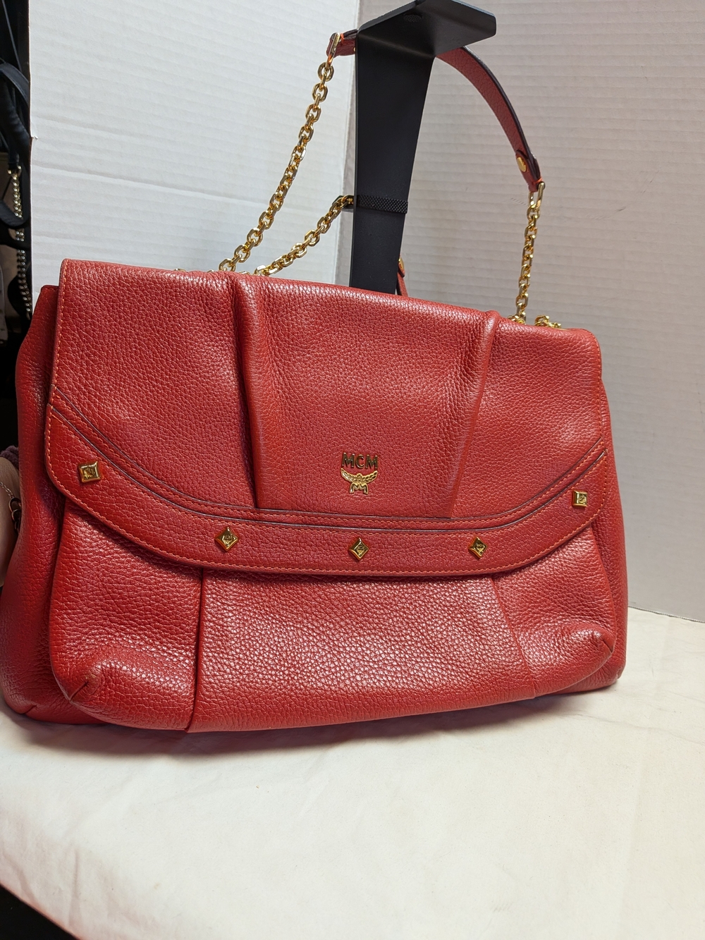 MCM Red Leather Chain-Handle Satchel